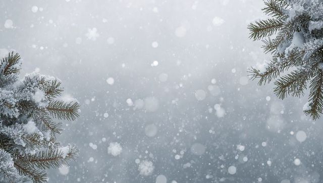 Snow falling through frosty pine branches with soft bokeh creating serene winter forest background