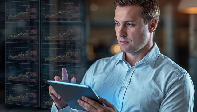 Businessman analyzing digital stock charts on tablet in office