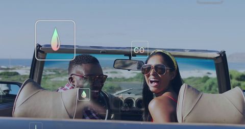 joyful couple driving convertible by beach on sunny day - Download Free Stock Images Pikwizard.com
