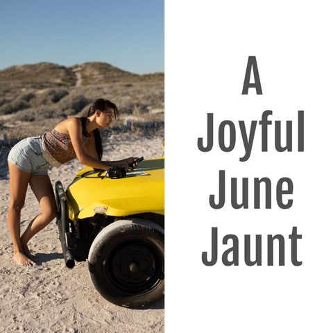 Woman Enjoys Beach Adventure Beside Fun Yellow Car
