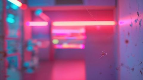 Suspenseful Spider in Neon Lit Corridor With Pinking and Blues