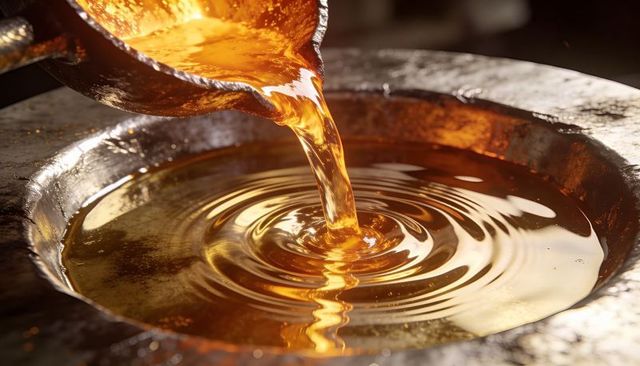 Pouring molten metal creating ripple patterns in crucible with ladle amber reflections