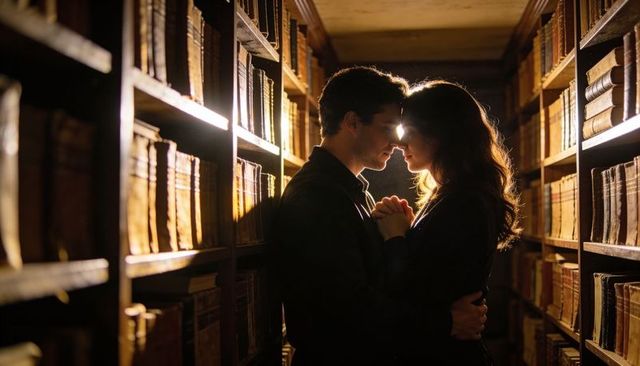 Backlit romantic couple embracing in narrow library aisle between antique bookshelves