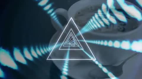 Futuristic 3D Coffee Cup with Glowing Triangle Tunnel