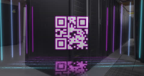 Neon QR Code Animation in High-Tech Server Room
