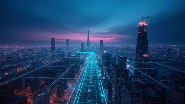 Futuristic neon cityscape with digital grid overlay at dusk