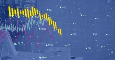 Technological and financial analytics over office workspace concept