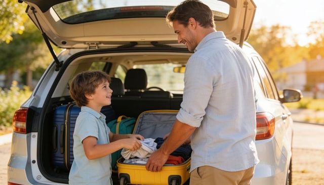 Father and son packing car trunk for road trip smiling while loading luggage