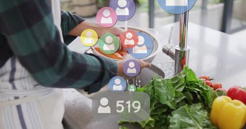 Asian woman rinsing fresh vegetables at kitchen sink with social media follower icons overlay