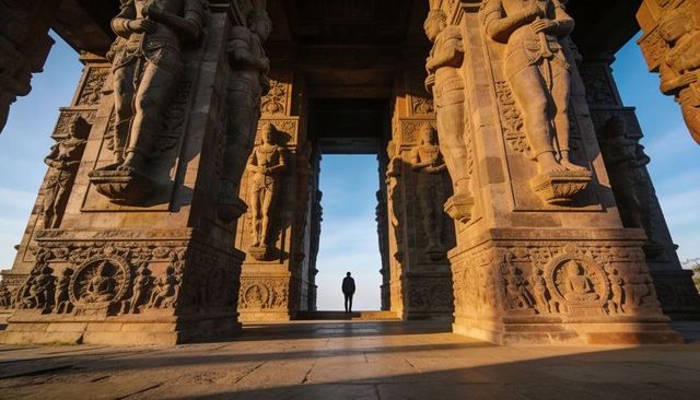 Backlit visitor standing at carved stone temple portal with monumental pillars, golden hour