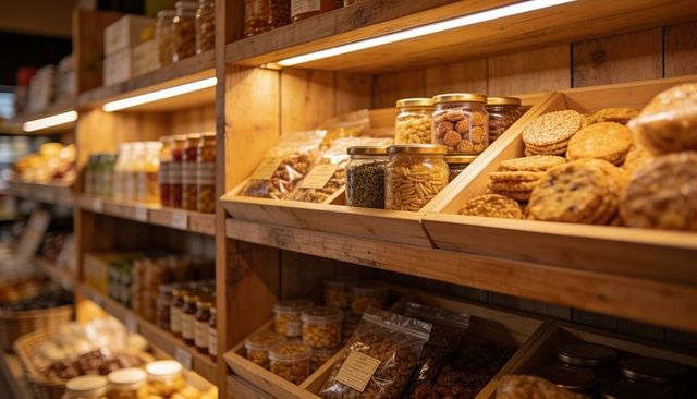 Artisanal grocery shelves showcasing rustic wooden display with cookies, jars, and snacks
