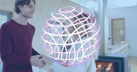 Couple Holding Hands by Fireplace with Futuristic Holographic Globe Overlay, Cozy Home