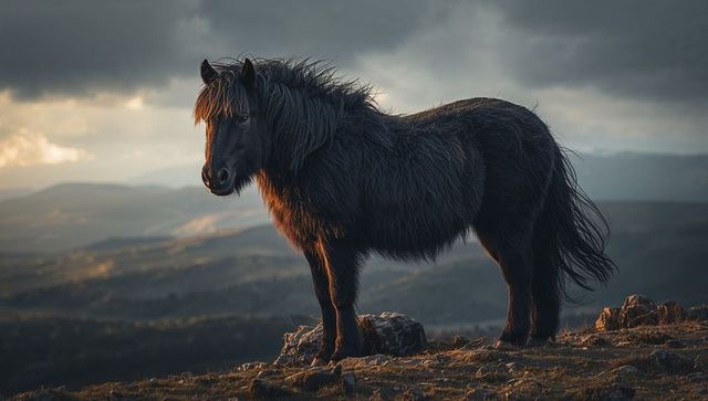 Dark-coated pony standing on rocky hilltop catching golden rim light over moorland