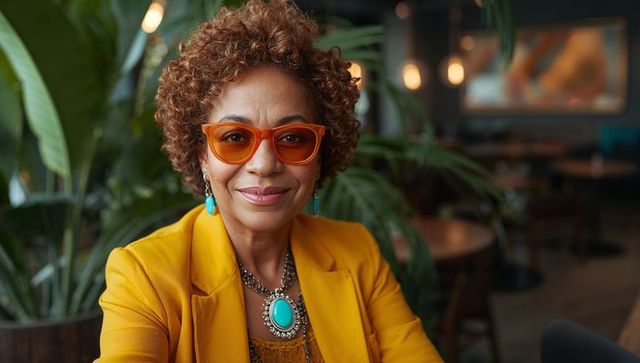 Senior Woman in Cafe Wearing Vibrant Orange Glasses and Stylish Attire