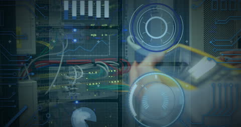 Technician Analyzing Data in Futuristic Overlay Server Room