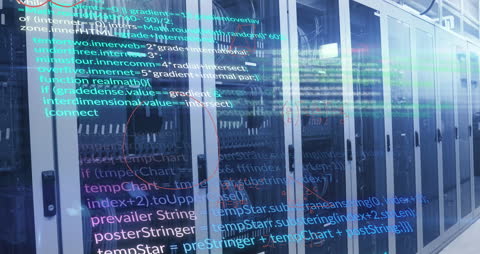 Data Processing in Modern Server Room with Code Overlay