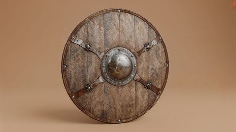 Medieval wooden shield with metal details, rich craftsmanship focus