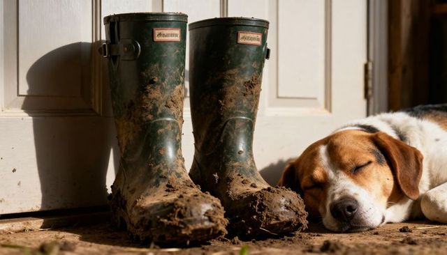 Muddy green rubber boots standing on doorstep with sleeping tricolor dog in warm sunlight