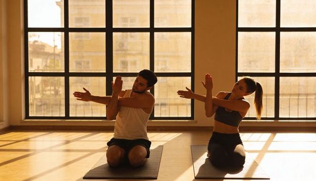 Couple practicing seated yoga stretches in sunlit urban studio kneeling on mats for health