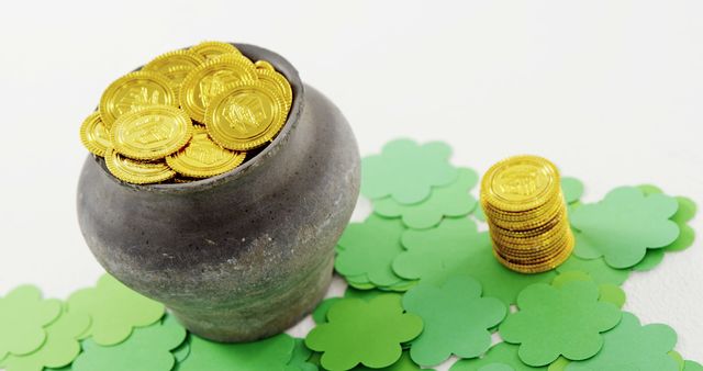 A pot filled with gold coins is surrounded by green shamrocks, symbolizing wealth and luck associated with St. Patrick's Day celebrations. This festive setup evokes the Irish tradition of the leprechaun's pot of gold at the end of the rainbow.