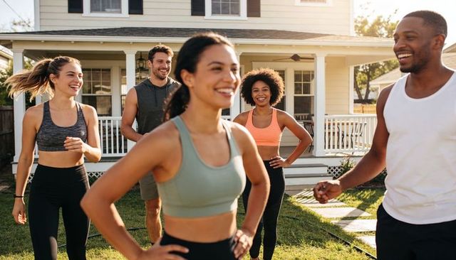 Smiling woman leading friends in outdoor group fitness workout on suburban lawn