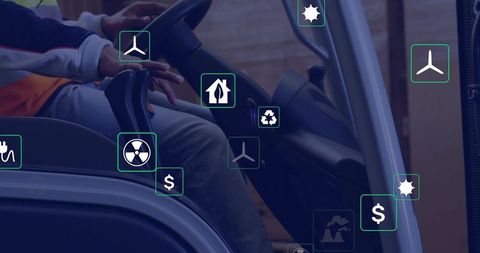 Female Driving Warehouse Utility Cart in Safety Vest with Sustainability Icons