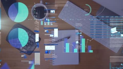 Technology and Data Overlay on Office Desk for Business Analysis