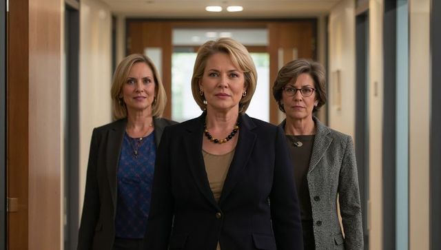 Executive women walking down modern office corridor projecting confident leadership