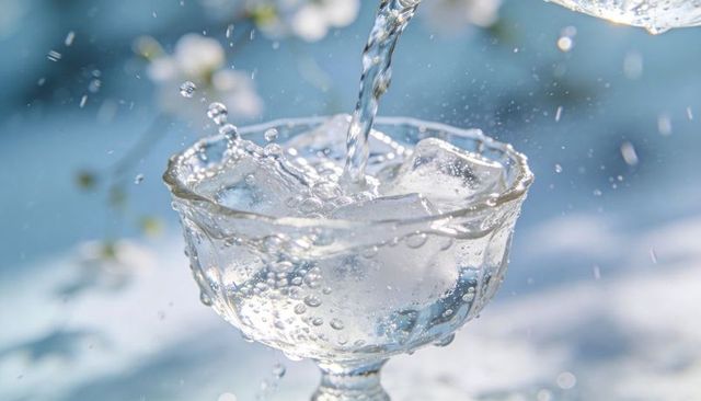 Pouring sparkling water over ice in crystal goblet creating splash and sunlit bokeh