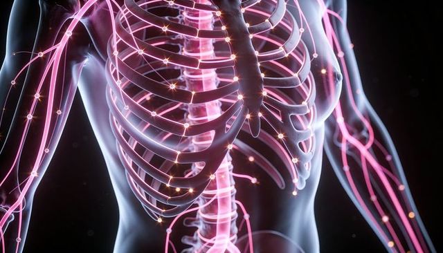 Translucent torso revealing rib cage, thoracic spine and glowing neural-vascular pathways