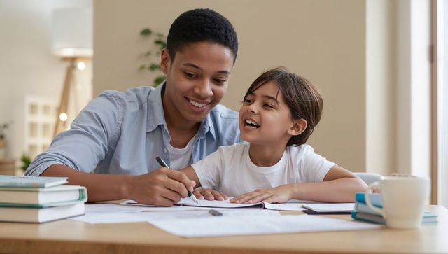 Smiling adult tutoring child at home desk helping with homework and studying together