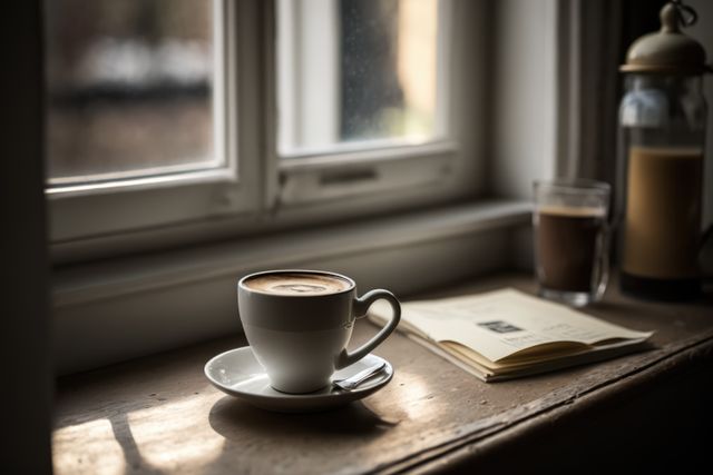 Stylish mug with freshly brewed coffee next to an open book and lantern on a window sill with sunlight. Perfect for blogs on cozy mornings, cafeteria promotions, or relaxation-themed designs.