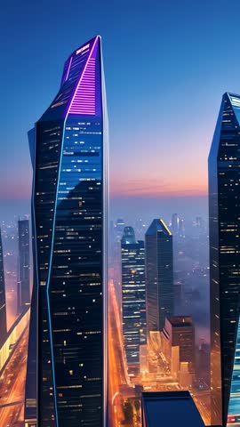 Vertical drone video zooming on futuristic skyscraper topped with purple LED crown at dusk