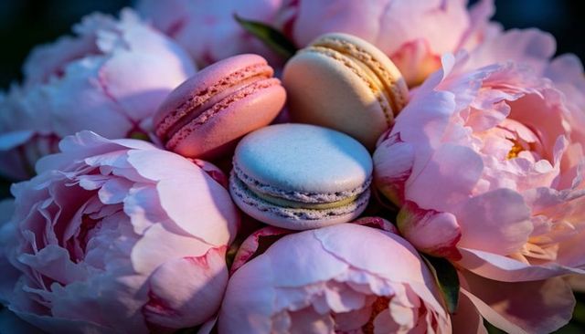 Nestling Pastel Macarons Among Pink Peony Blossoms Soft Light Emphasizing Delicate Texture