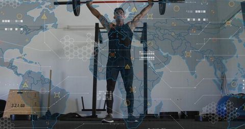 Male athlete pressing barbell overhead with global data overlay for fitness analytics