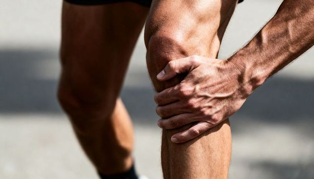 Male runner gripping knee during outdoor run showing acute knee pain