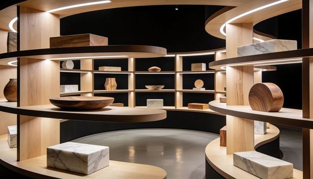 Displaying curved wooden shelving with led lighting and marble accents, minimalist interior