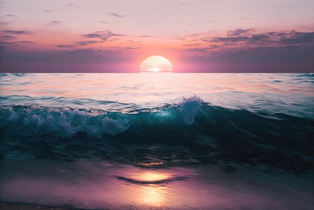 Beautiful sunset casting a warm glow over the ocean with gentle waves breaking on the shore. Perfect for travel and tourism websites, nature backgrounds, inspirational content, and wellness branding. Emphasizes tranquility and the beauty of nature.