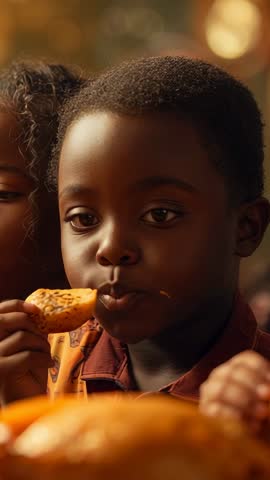 Vertical video showing Black boy enjoying family dinner, nibbling seeded cracker