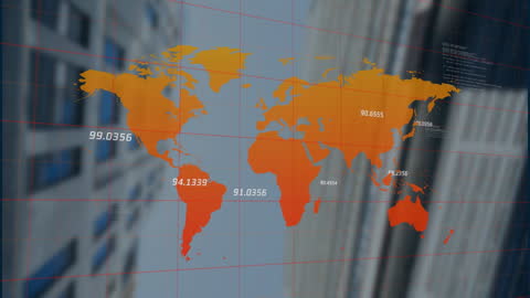 Futuristic Data Visualization on Global Map Overlaid on Urban Skyline