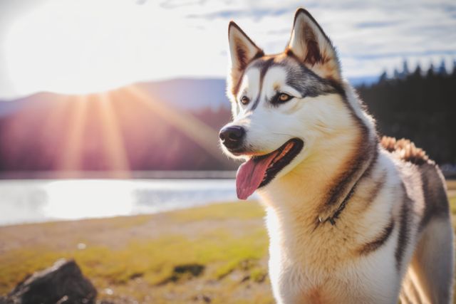 A Siberian Husky joyfully enjoying outdoor scenery as the sun sets behind mountains. The dog has its tongue out and appears vivacious and content. Ideal for pet care, outdoor adventure, dog training, or animal illustration usages.