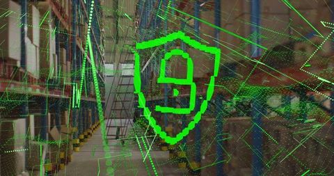 Pixelated neon-green security shield projecting over warehouse aisle with pallet racking