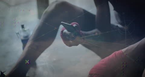 Athlete Using Smartphone in Gym with Digital Connections Overlay