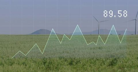Displaying Renewable Energy Analytics Over Farmland with Wind Turbines and Line Graph 89.58