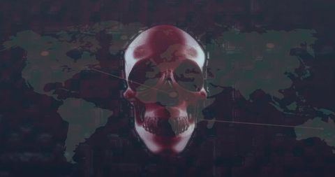 Glowing Digital Skull on Dark World Map Displaying Cyber Threat