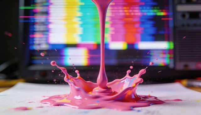 Glossy pink paint pour creating crown splash with iridescent droplets and color bars