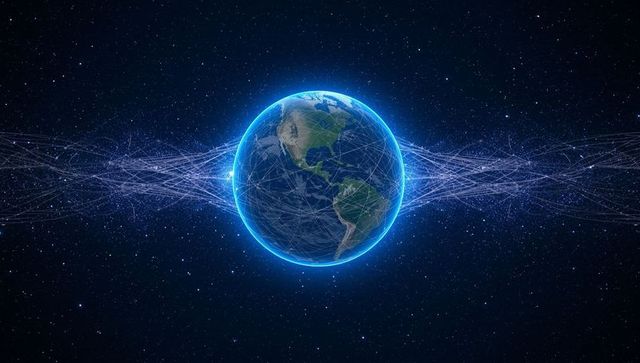 Earth with glowing neon blue halo and data network in space