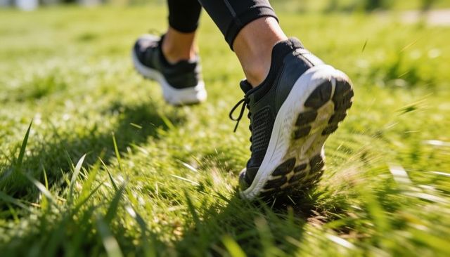 Closeup runner sprinting across grass kicking up turf clumps with black sneaker in motion