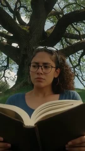 Young Student Reading Under Massive Tree Glancing Up at Off-Camera Sound Vertical Lifestyle Video