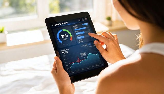 Woman Tapping Tablet Showing Sleep Score and Health Dashboard in Sunlit Bedroom